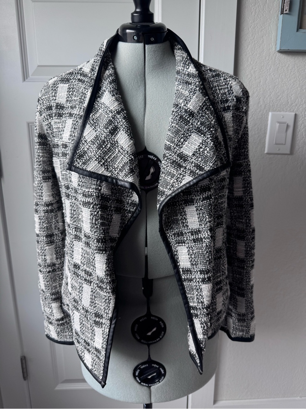 Calvin Klein Black and White Tweed Open-Front Blazer